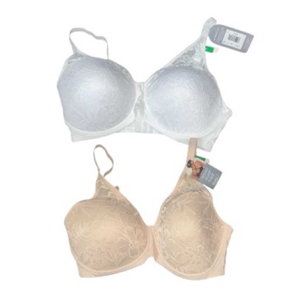 2 NEW Bali Breathe Bras White and Tan Floral Lace Wireless Size Large